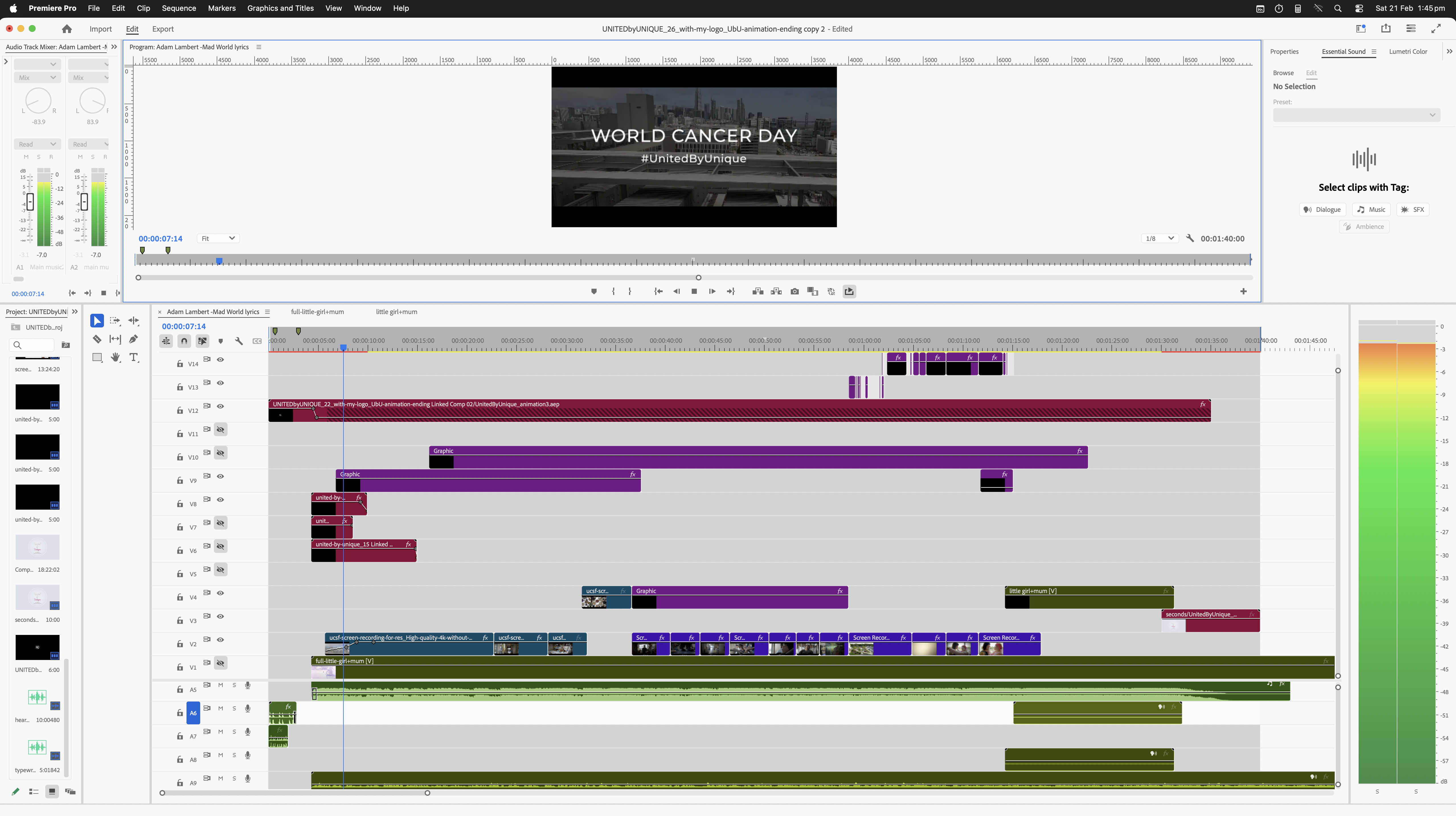 The making of the World Cancer Day #UnitedByUnique' video by Melissa Sherley; video editing in Adobe Premier Pro by Graphic Designer Melissa Sherley